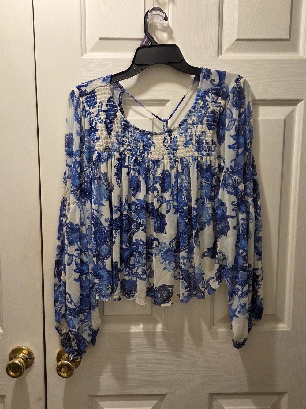 Free People Blue Floral Smocked Peasant Top